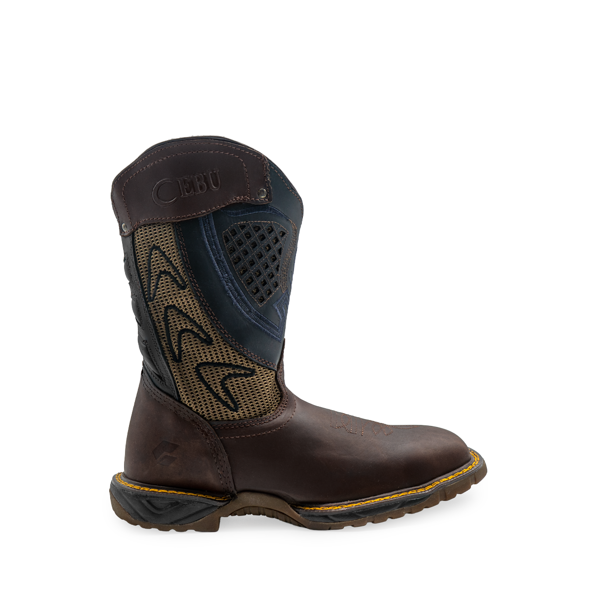 Brown Square Toe Work Boots with Soft Toe - Blue Accents Brown Square Toe Work Boots with Soft Toe - Blue Accents