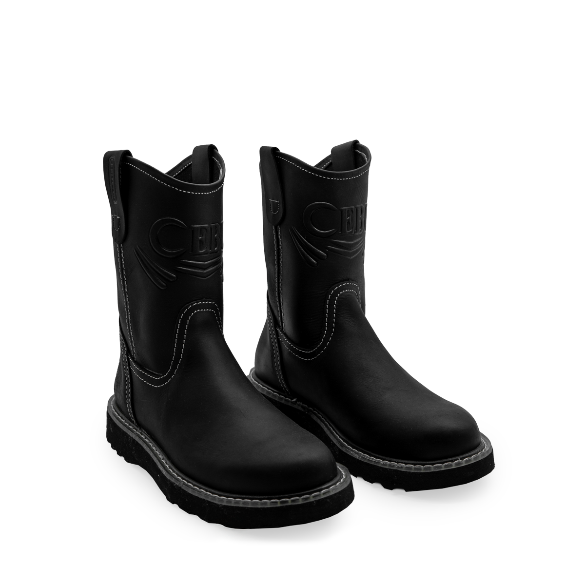 A pair of brown, pull-on, soft toe men's work boots with a low heel and wedge sole.