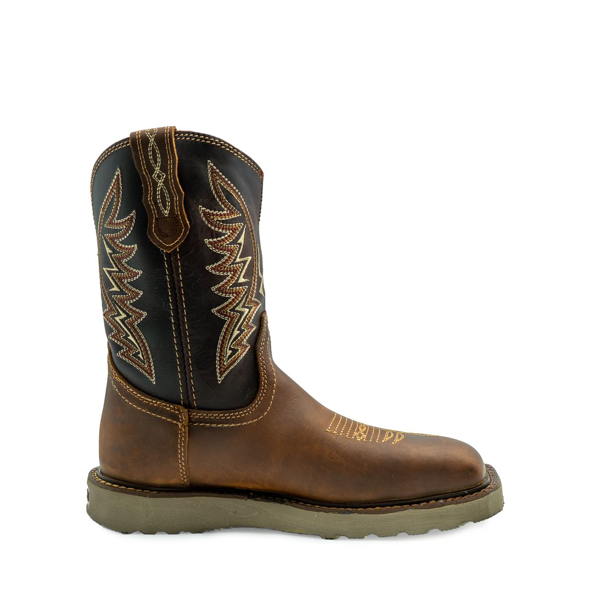 Men's ARIZONA Square Toe Safety Boots featuring brown leather construction with black shaft detail, decorative western stitching, and durable wedge sole. Side view showcases classic pull-on design with contrast stitching and lightweight comfort-focused outsole.