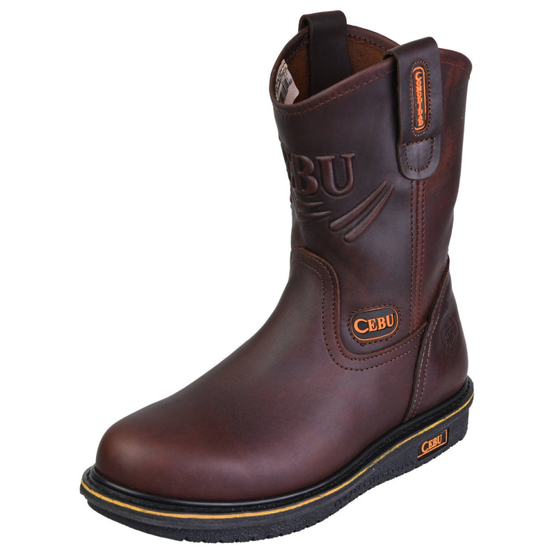 Men's Work Boots - Steel Toe & Wedge Sole - Brown Work Boots - Cebu - Pull On Work Boots - Brown Wellington Work Boots