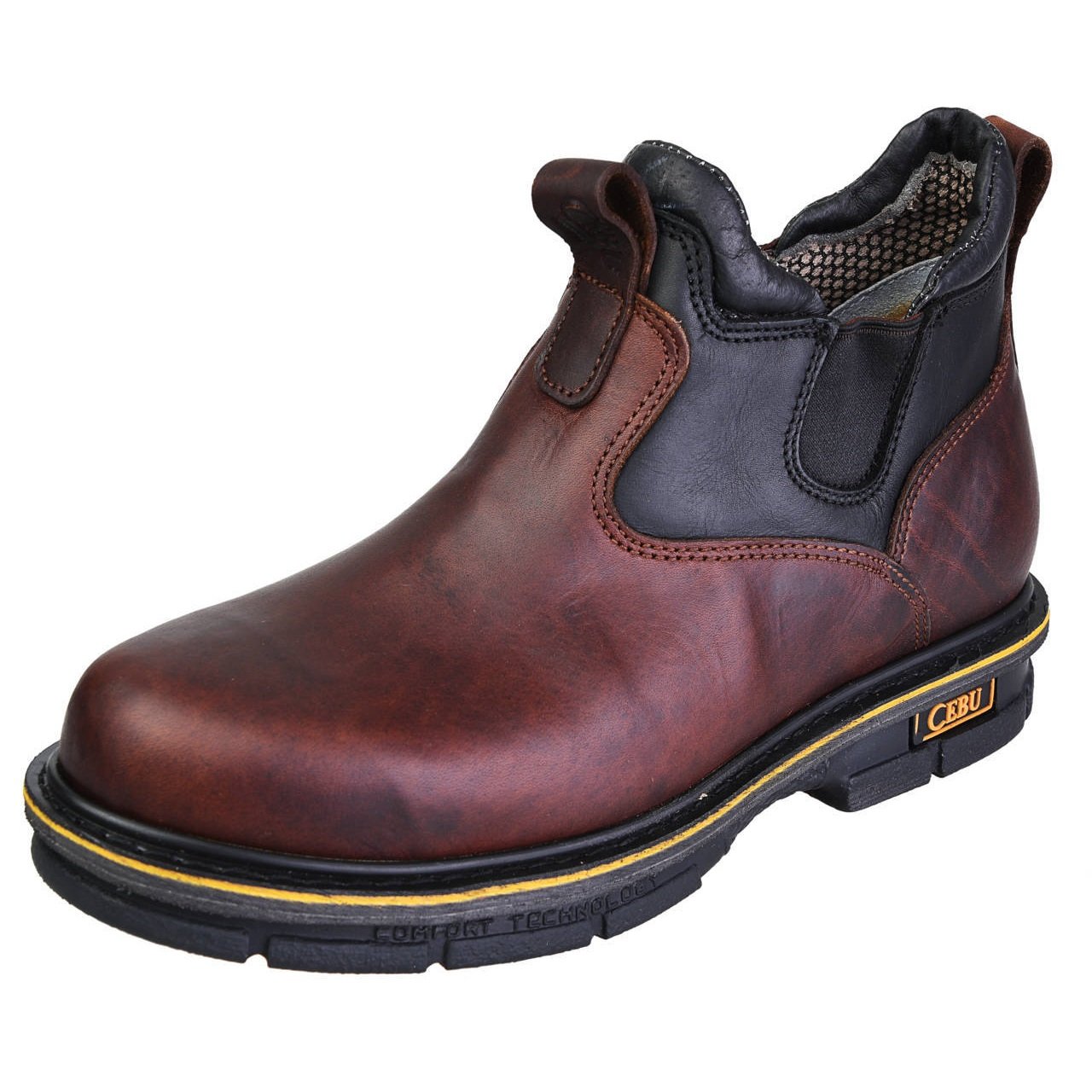 Mens BOTIN 6-inch slip-on work boot in rich brown leather with black elastic side panels, featuring yellow-trimmed double density outsole, ideal for warehouse and utility work environments