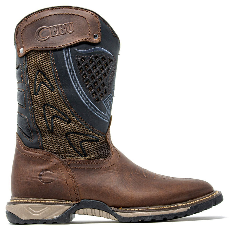 Men's Work Boots - Square Toe & Lightweight - Brown Work Boots - Cebu - Pull On Work Boots - Brown Wellington Work Boots