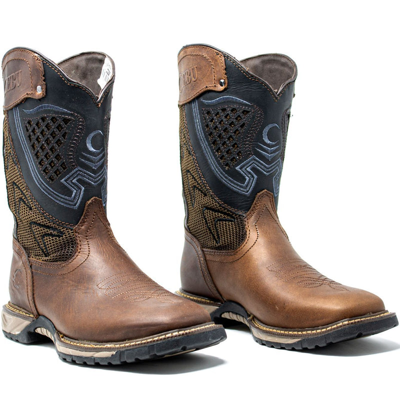 Men's Work Boots - Square Toe & Lightweight - Brown Work Boots - Cebu - Pull On Work Boots - Brown Wellington Work Boots