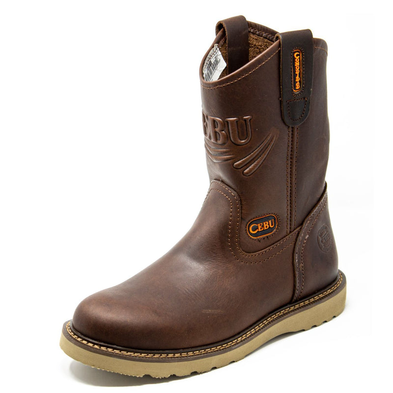 Men's Work Boots - Lightweight & Wedge Sole - Brown Work Boots - Cebu - Pull On Work Boots - Cafe Wellington Work Boots