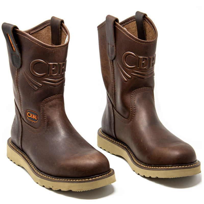 Men's Work Boots - Lightweight & Wedge Sole - Brown Work Boots - Cebu - Pull On Work Boots - Cafe Wellington Work Boots