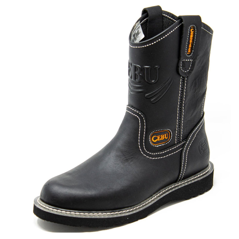 Men's Work Boots - Lightweight & Wedge Sole - Black Work Boots - Cebu - Pull On Work Boots - Negro Wellington Work Boots