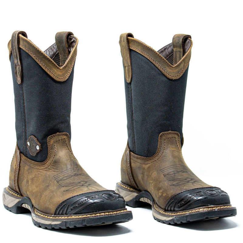 Men's Work Boots - Square Toe & Rubber Shield - Brown Work Boots - Cebu - Pull On Work Boots - Brown Wellington Work Boots