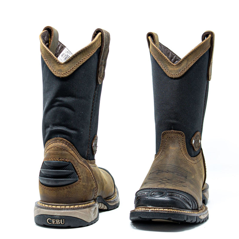 Men's Work Boots - Square Toe & Rubber Shield - Brown Work Boots - Cebu - Pull On Work Boots - Brown Wellington Work Boots
