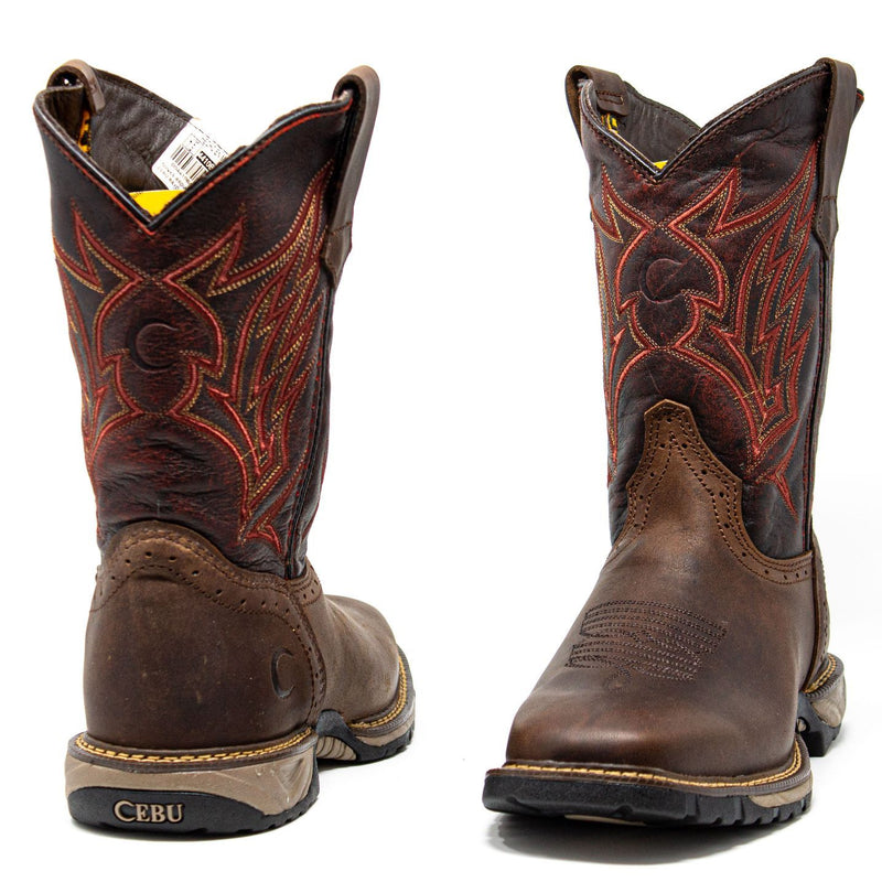 Men's Work Boots - Square Toe & Lightweight - Brown Work Boots - Cebu - Pull On Work Boots - Brown Wellington Work Boots