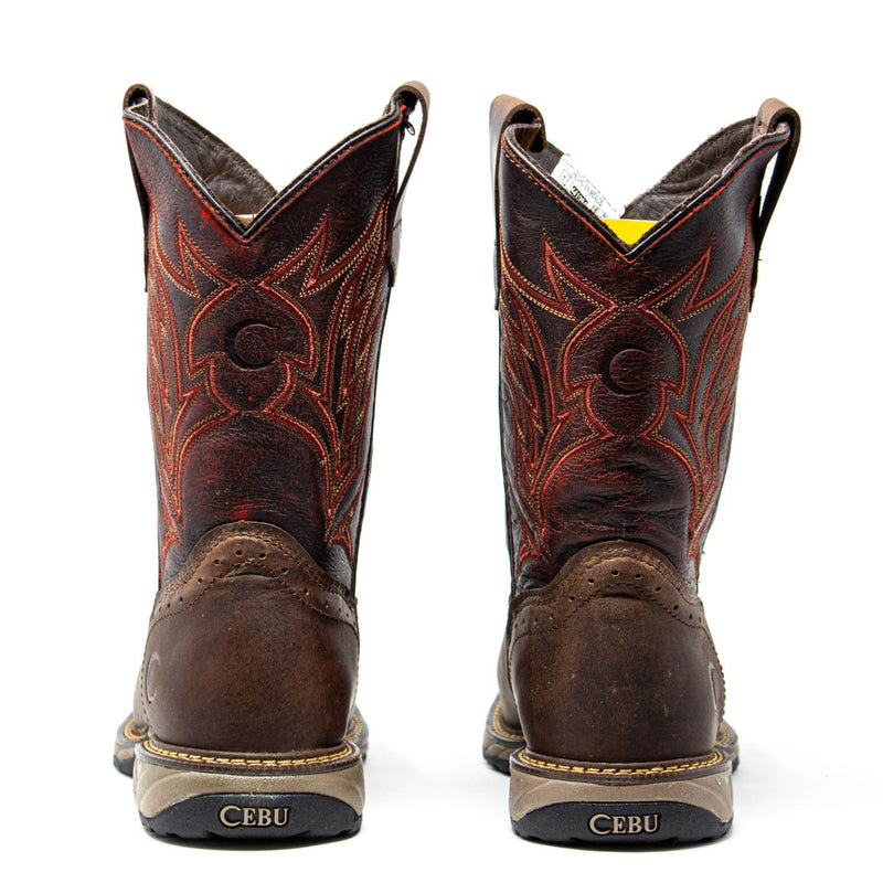 Men's Work Boots - Square Toe & Lightweight - Brown Work Boots - Cebu - Pull On Work Boots - Brown Wellington Work Boots