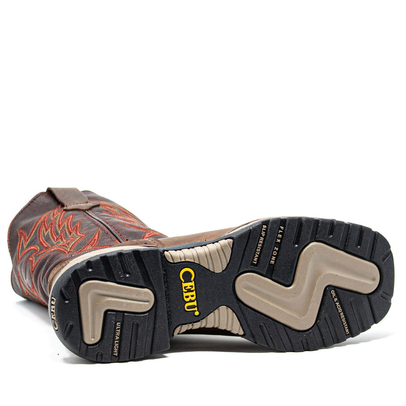 Men's Work Boots - Square Toe & Lightweight - Brown Work Boots - Cebu - Pull On Work Boots - Brown Wellington Work Boots