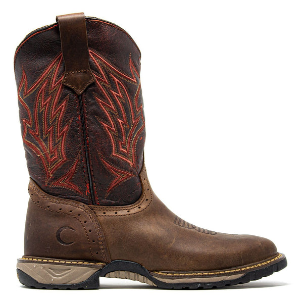 Men's Work Boots - Square Toe & Lightweight - Brown Work Boots - Cebu - Pull On Work Boots - Brown Wellington Work Boots