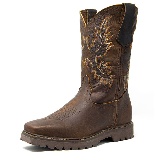 Men's Work Boots - Square Toe & Lightweight - Brown Work Boots - Labrador - Pull On Work Boots - Brown Wellington Work Boots