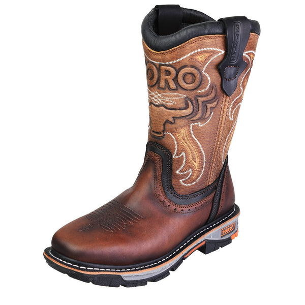 Men's Work Boots - Steel Toe & 3-Layer Sole - Brown Work Boots - Toro Bravo - Pull On Work Boots - Brown Wellington Work Boots