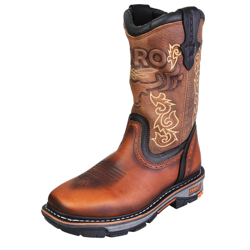 Men's Work Boots - Steel Toe & 3-Layer Sole - Tan Work Boots - Toro Bravo - Pull On Work Boots - Tan Wellington Work Boots