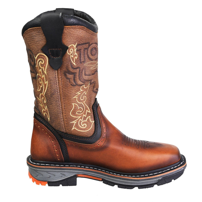 Men's Work Boots - Steel Toe & 3-Layer Sole - Tan Work Boots - Toro Bravo - Pull On Work Boots - Tan Wellington Work Boots