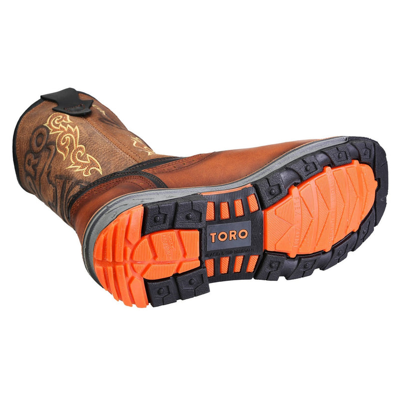 Men's Work Boots - Steel Toe & 3-Layer Sole - Tan Work Boots - Toro Bravo - Pull On Work Boots - Tan Wellington Work Boots