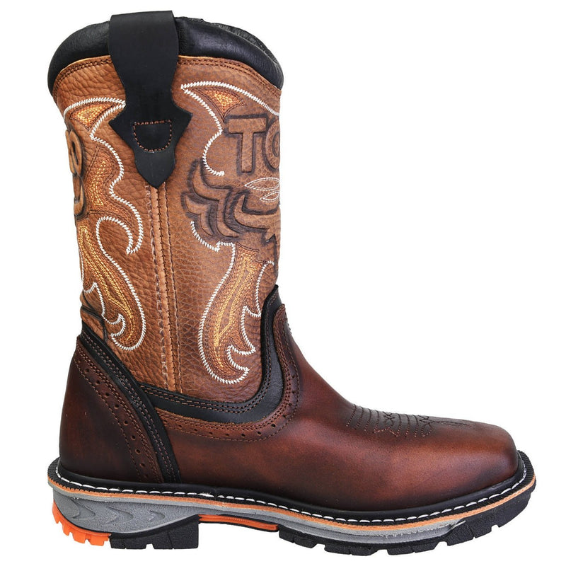 Men's Work Boots - 3-Layer Sole & Soft Toe - Brown Work Boots - Toro Bravo - Pull On Work Boots - Brown Wellington Work Boots