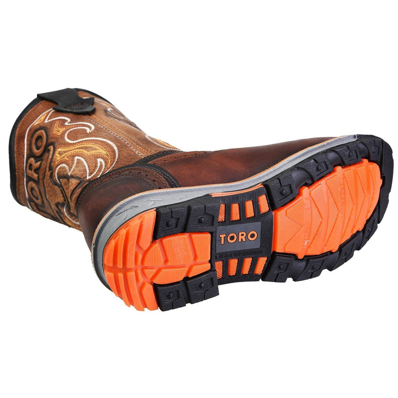 Men's Work Boots - 3-Layer Sole & Soft Toe - Brown Work Boots - Toro Bravo - Pull On Work Boots - Brown Wellington Work Boots