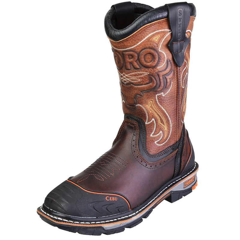Men's Work Boots - Steel Toe & Rubber Shield - Brown Work Boots - Toro Bravo - Pull On Work Boots - Brown Wellington Work Boots