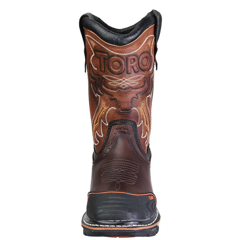 Men's Work Boots - Steel Toe & Rubber Shield - Brown Work Boots - Toro Bravo - Pull On Work Boots - Brown Wellington Work Boots