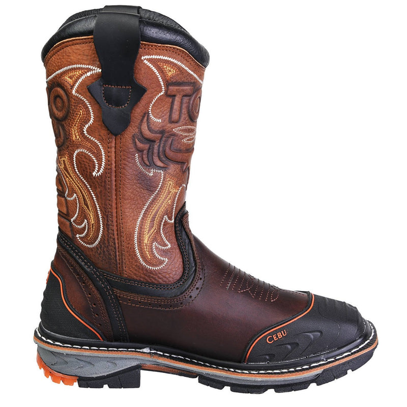Men's Work Boots - Steel Toe & Rubber Shield - Brown Work Boots - Toro Bravo - Pull On Work Boots - Brown Wellington Work Boots