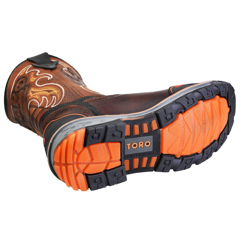 Men's Work Boots - Steel Toe & Rubber Shield - Brown Work Boots - Toro Bravo - Pull On Work Boots - Brown Wellington Work Boots